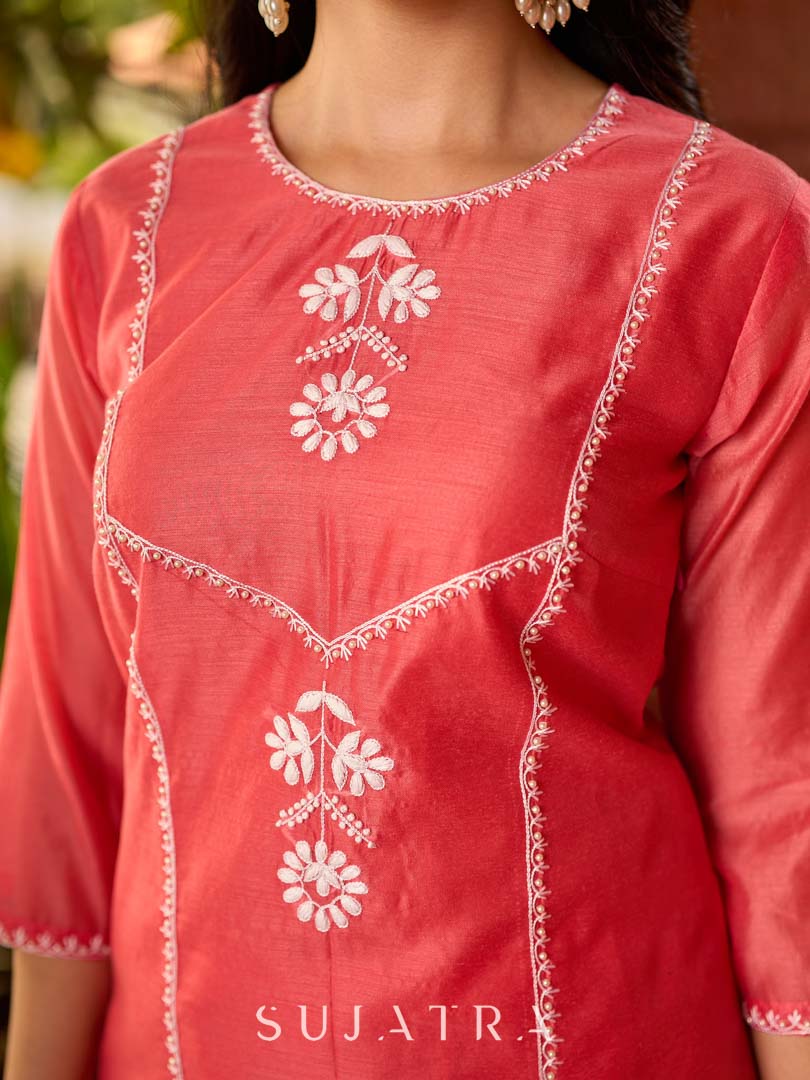 Minimal Coral Chanderi Kurta with Detailed Chikankari Embroidery & Soft Finish