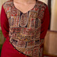 Deep Maroon Cotton Kurta with Asymmetric Kalamkari Print Yoke and Cuff Detail