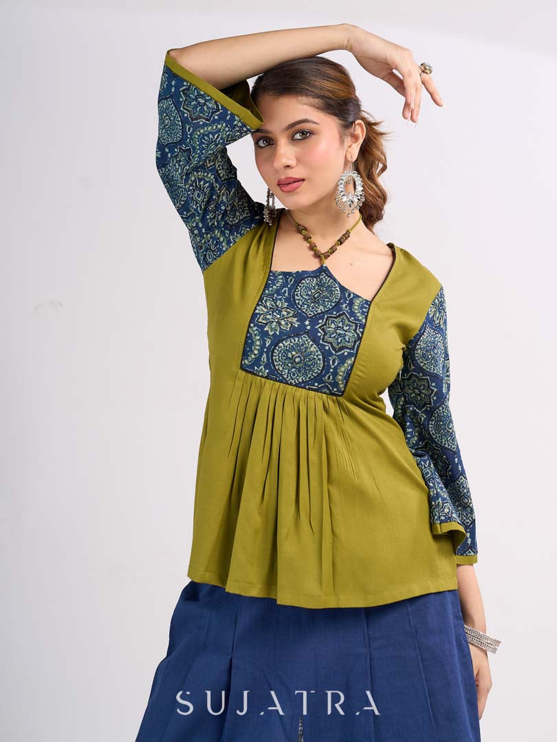 Olive Cotton Designer Top with Ajrakh Yoke and Statement Neckpiece-Tie Up Drawstring