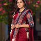 Chic Maroon Cotton Saree with Vibrant Ajrakh Kantha Patchwork & Madhubani Border