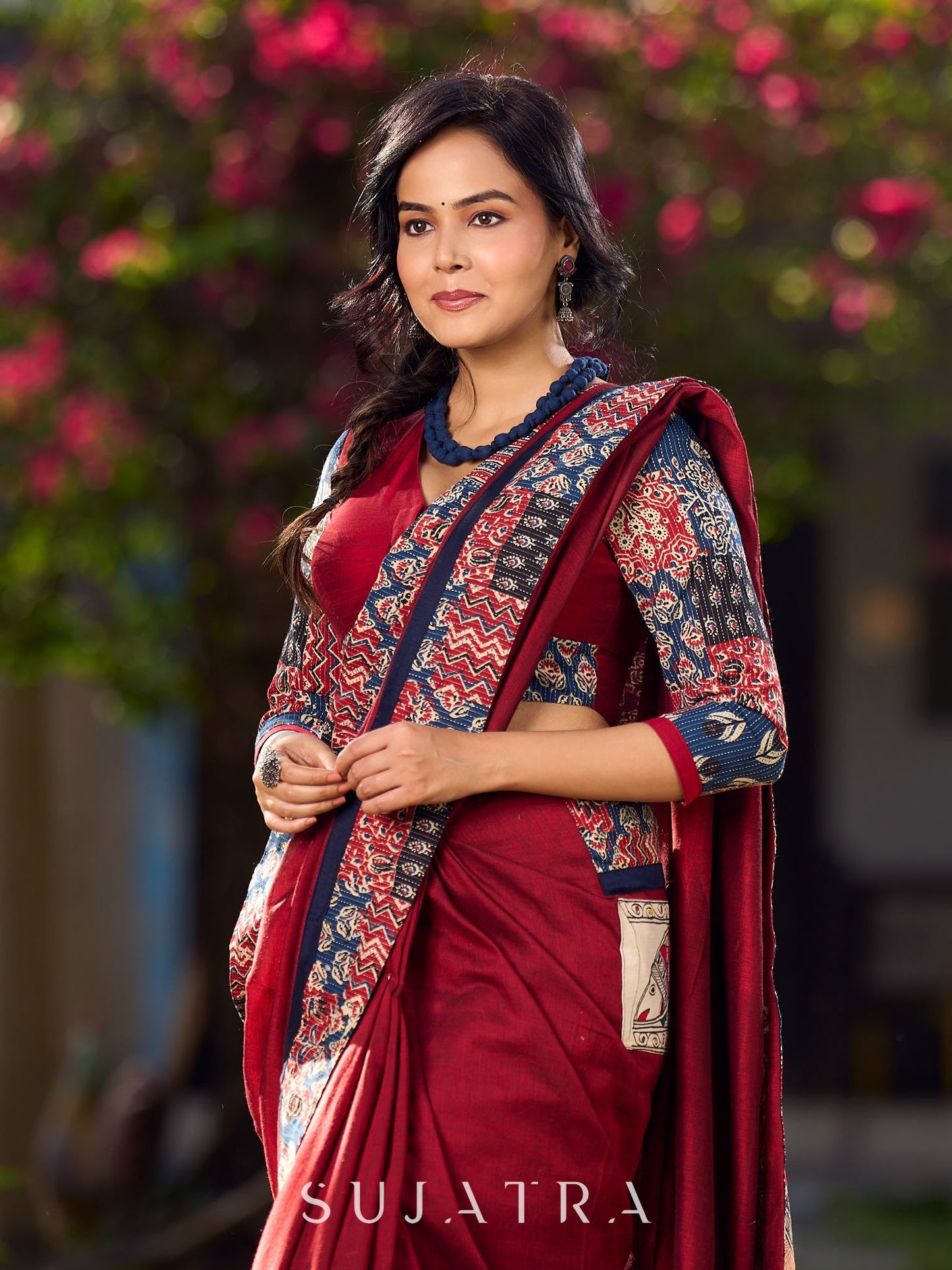 Chic Maroon Cotton Saree with Vibrant Ajrakh Kantha Patchwork & Madhubani Border