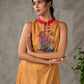 Mustard Gond printed mandarin collar dress with vibrant pink accents.
