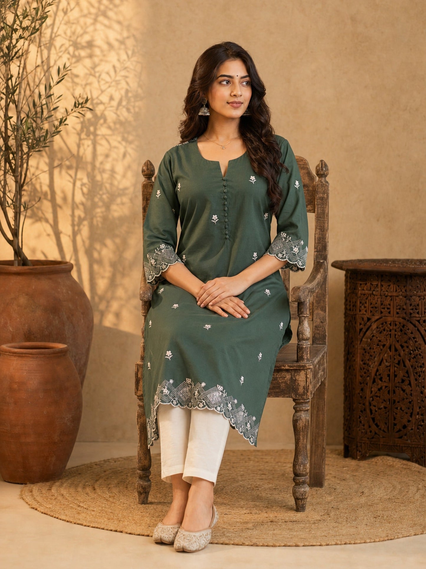 Sage Green Chanderi Kurta with Self Embroidered Hem & Sleeves