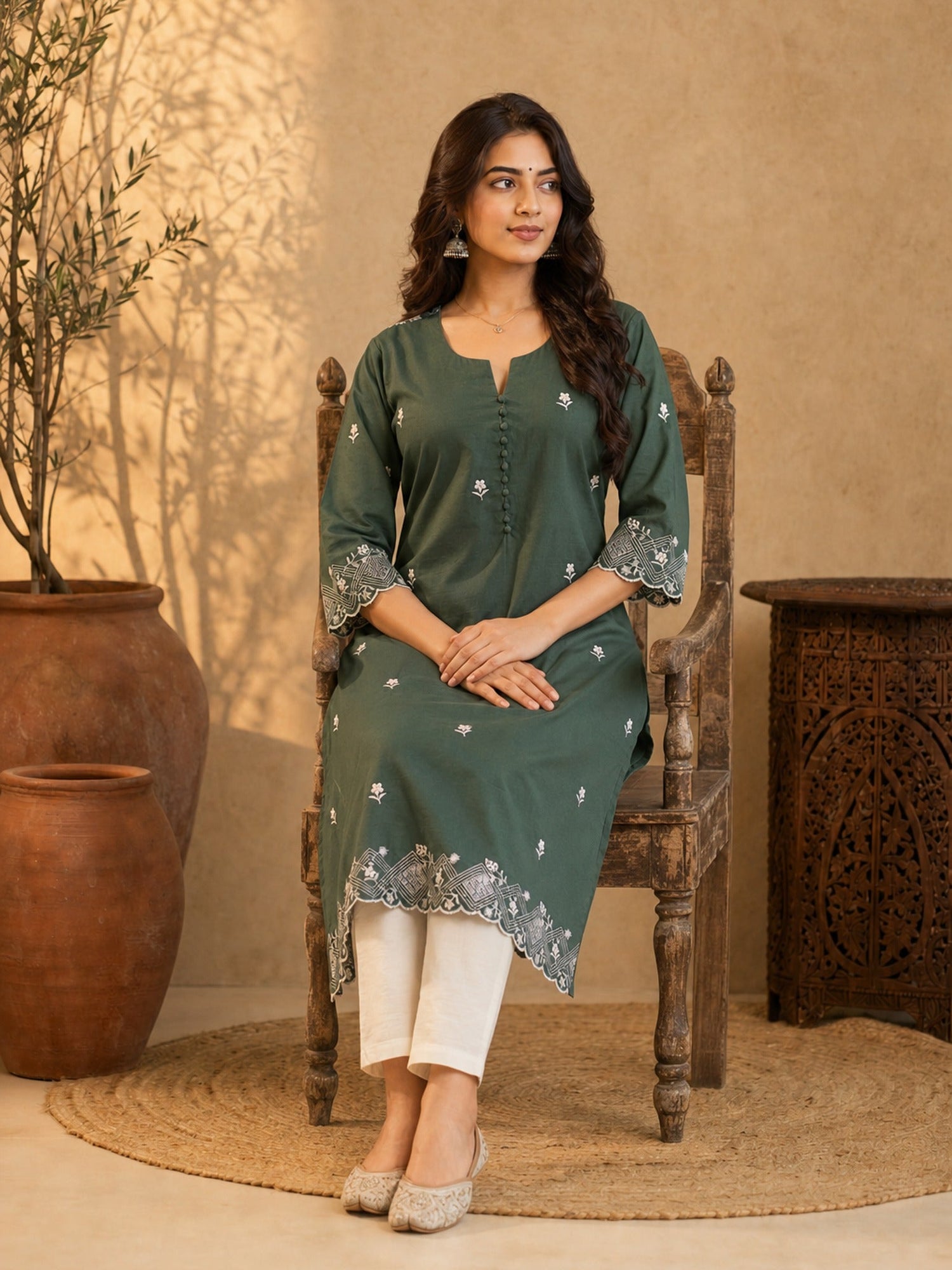 Sage Green Chanderi Kurta with Self Embroidered Hem & Sleeves
