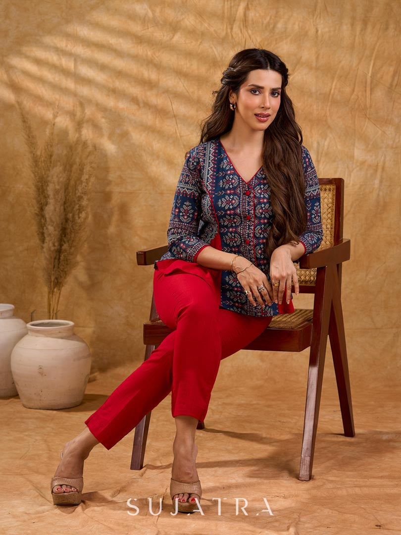 Classic navy blue printed jacket with flared panels and bold red accents, offering a structured yet dynamic silhouette with refined detailing, ideal for polished, elevated corporate styling.