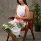 Graceful White lotus printed dress with elegant olive accents.