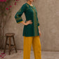 Enchanting bottle green tunic featuring a refined, rhythmic Block print motifs, vibrant mustard accents, and a graceful aesthetic.