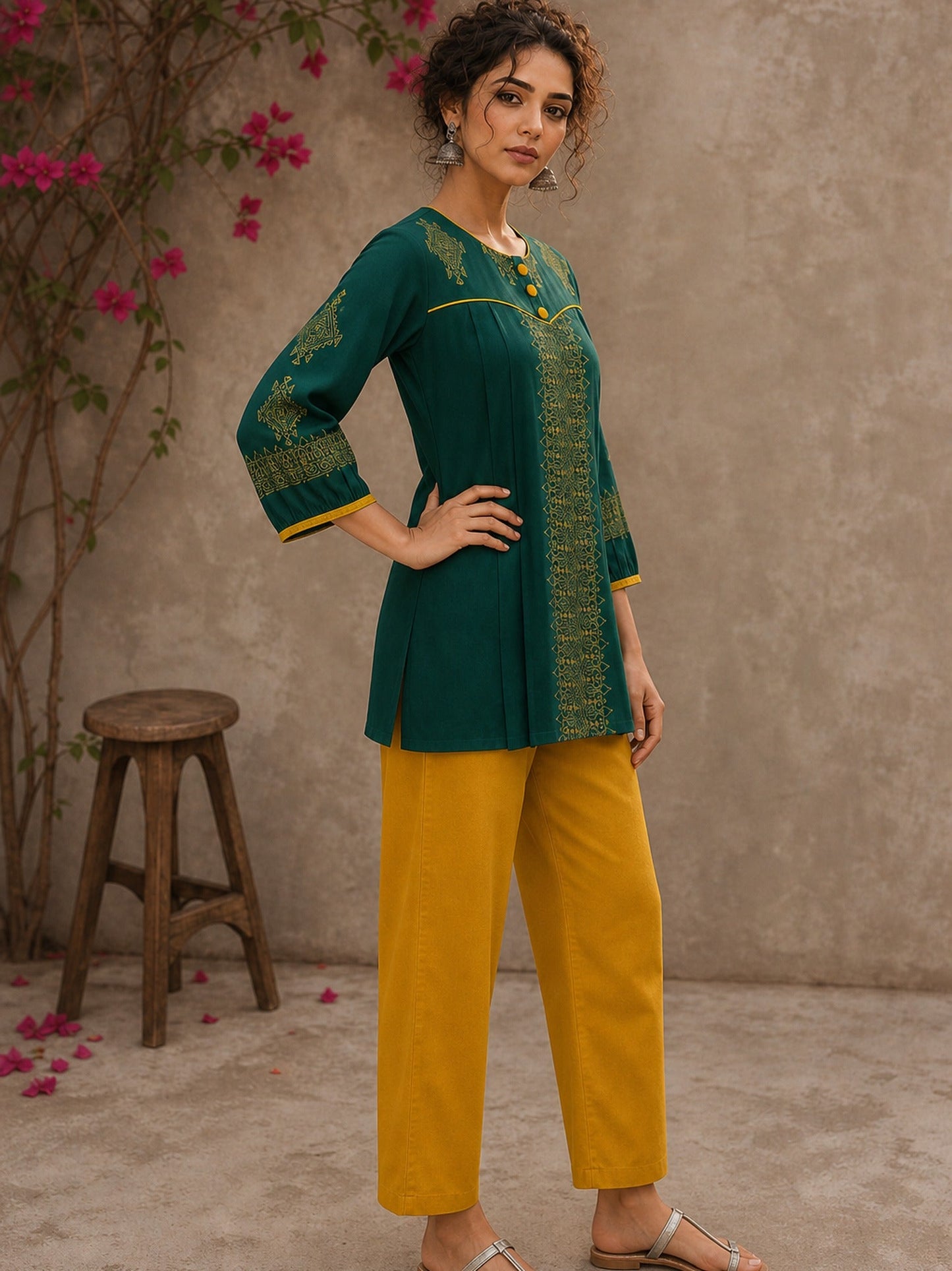 Enchanting bottle green tunic featuring a refined, rhythmic Block print motifs, vibrant mustard accents, and a graceful aesthetic.