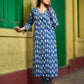 Deep Indigo Kurta with Playful Fish Print, Sculpted Neckline and Magenta Embroidery Accents