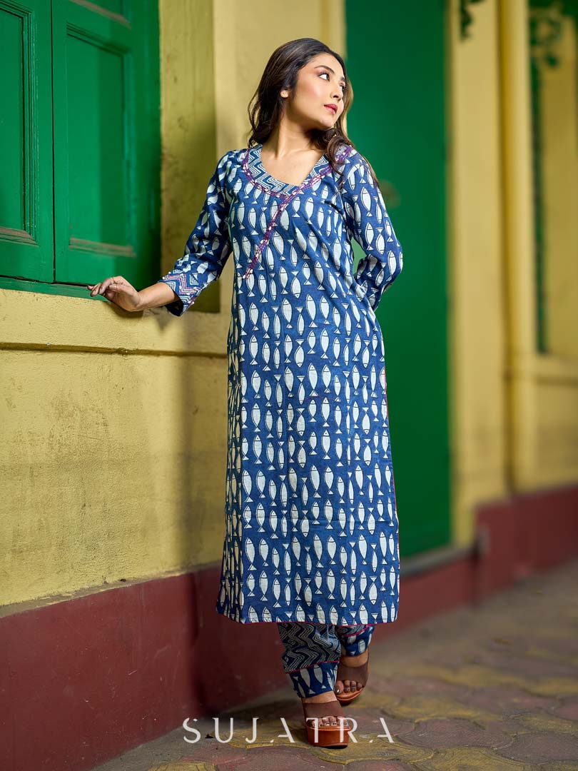 Deep Indigo Kurta with Playful Fish Print, Sculpted Neckline and Magenta Embroidery Accents
