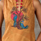 Mustard Gond printed mandarin collar dress with vibrant pink accents.