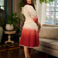 Chic cream-to-maroon ombré Hakoba dress with distinctively folded sleeves and collar.