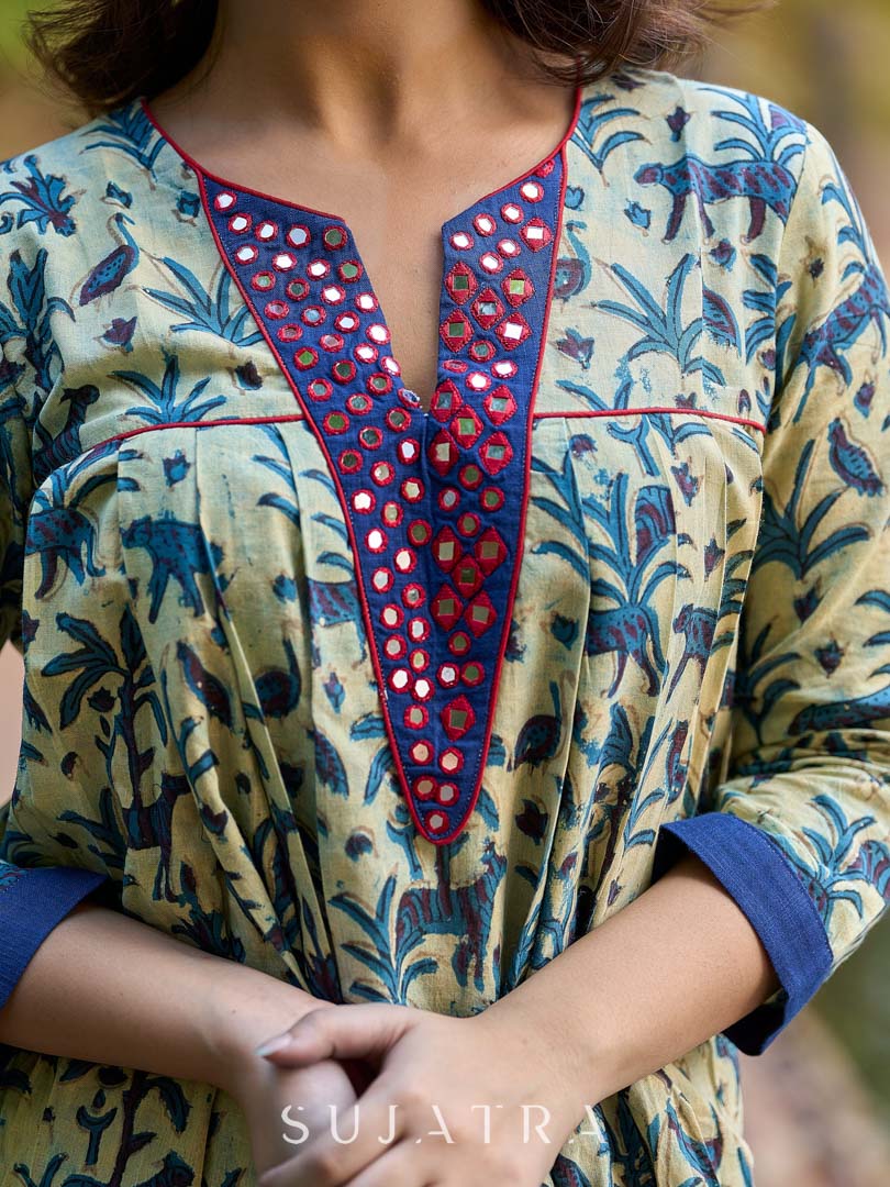 Artisan Indigo Kurta with Animal Motifs, Overlapping Neck and Handcrafted Maroon Mirror Detailing