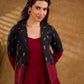 Sharp black and maroon half-and-half Jamdani jacket with functional flap pockets, offering a structured silhouette with bold contrast and refined detailing for elevated corporate styling.