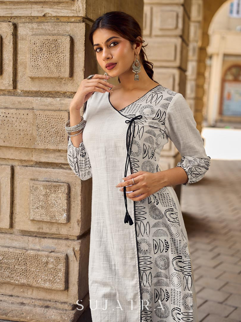 Minimal White Straight Kurta with Monochrome Printed Angrakha Panel & Printed Cuffs