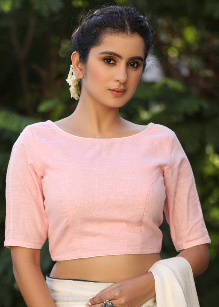 Baby Pink Cotton Blouse with Applique Work  and Embroidery Detailing on the Sleeves
