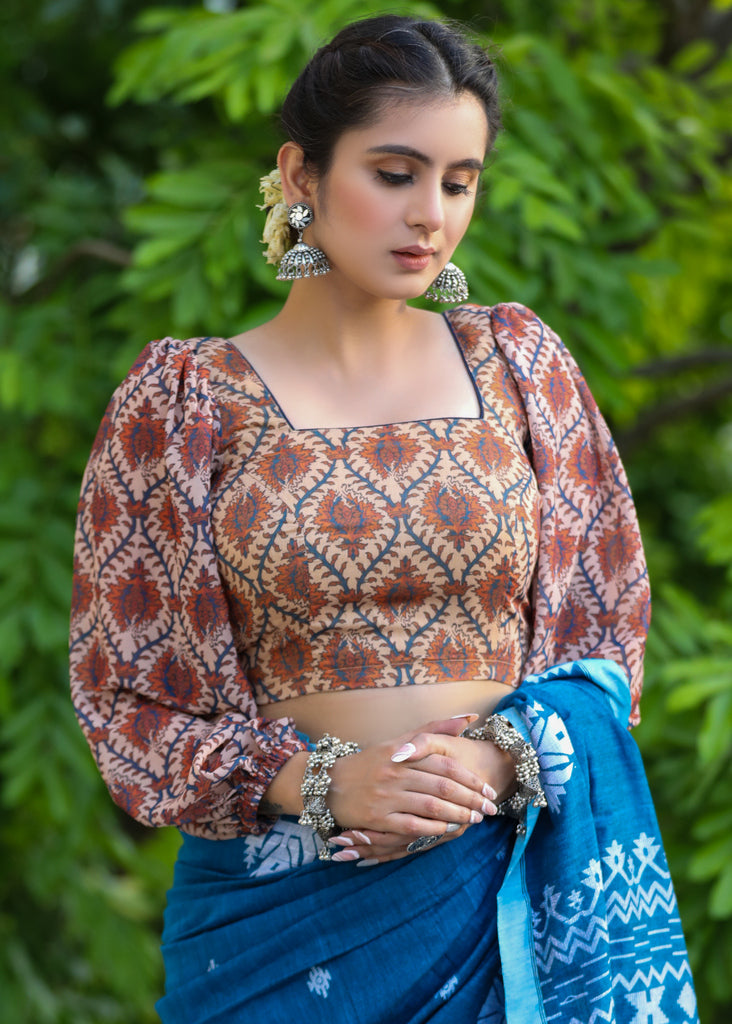 Exclusive Boroque Print Peach Puff Sleeves Blouse