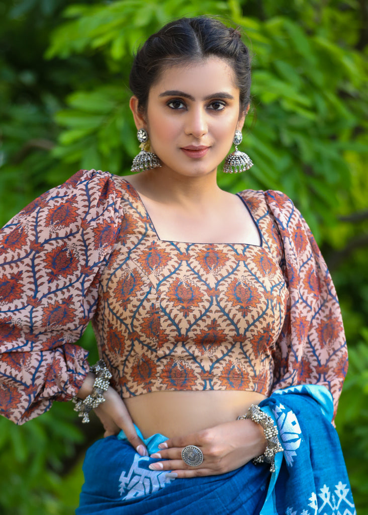 Exclusive Boroque Print Peach Puff Sleeves Blouse