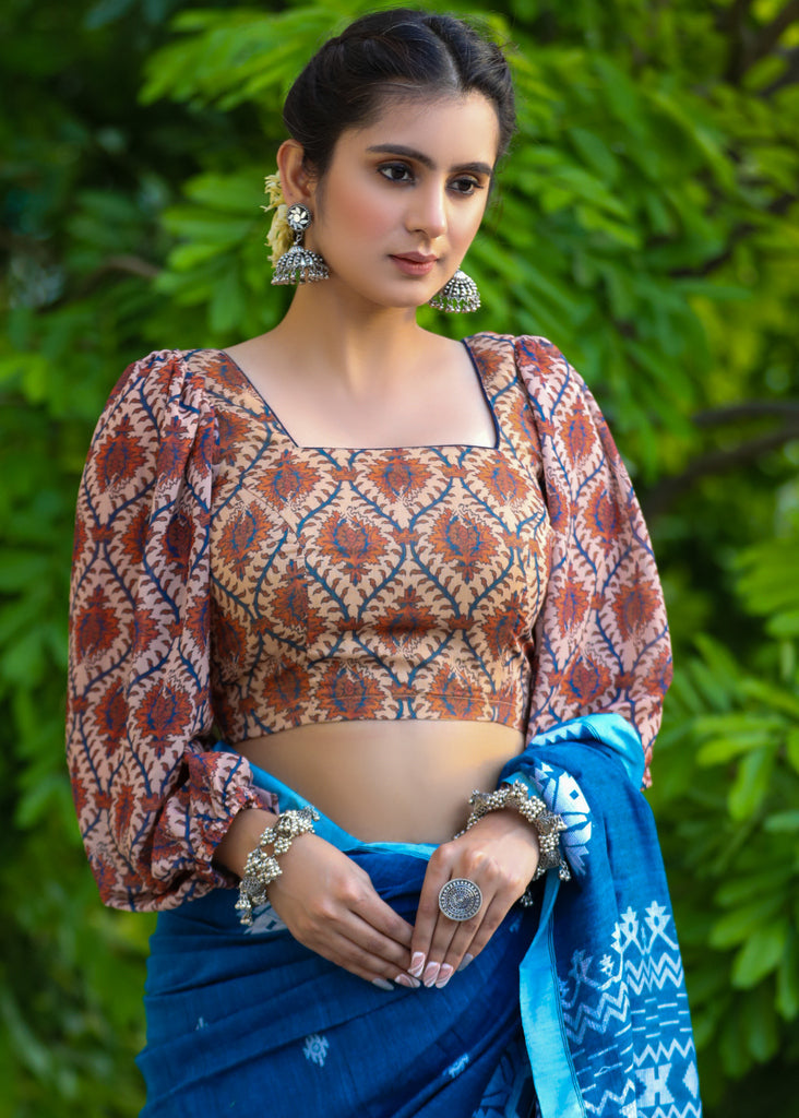 Exclusive Boroque Print Peach Puff Sleeves Blouse
