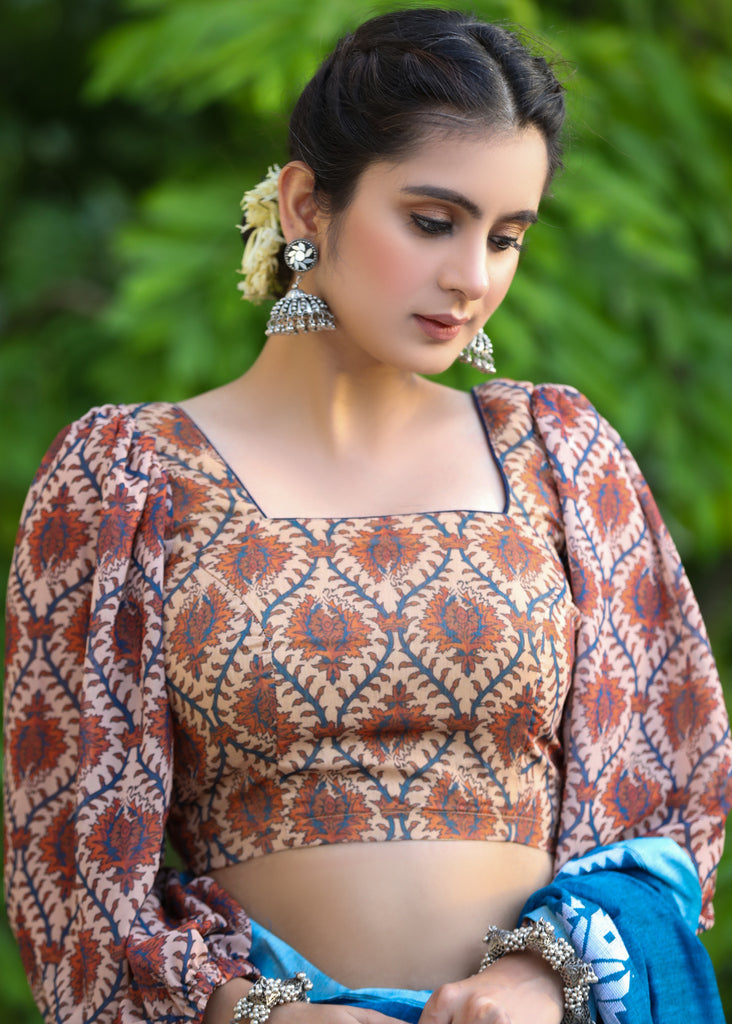 Exclusive Boroque Print Peach Puff Sleeves Blouse