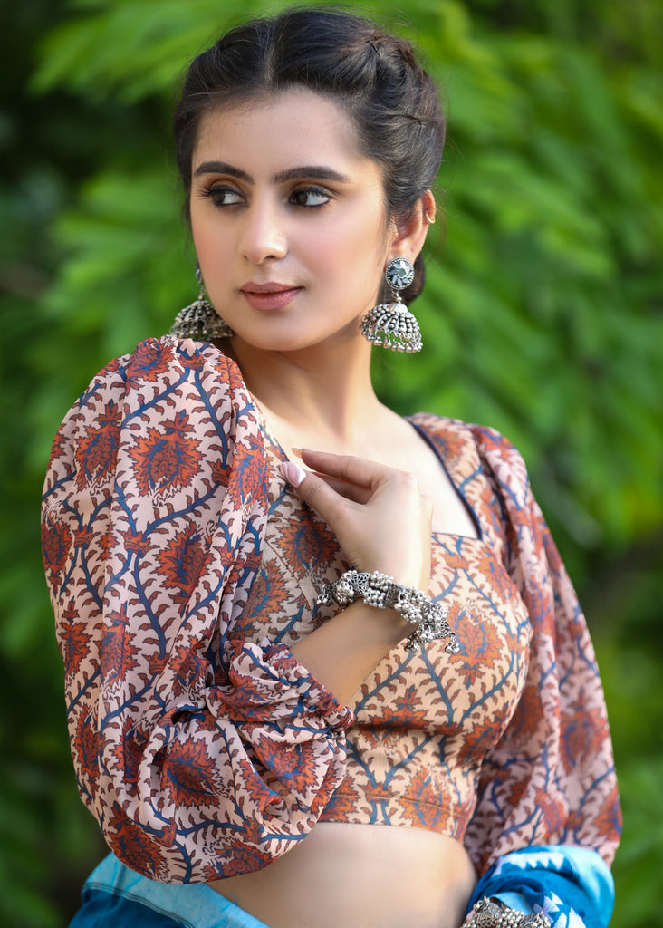 Exclusive Boroque Print Peach Puff Sleeves Blouse