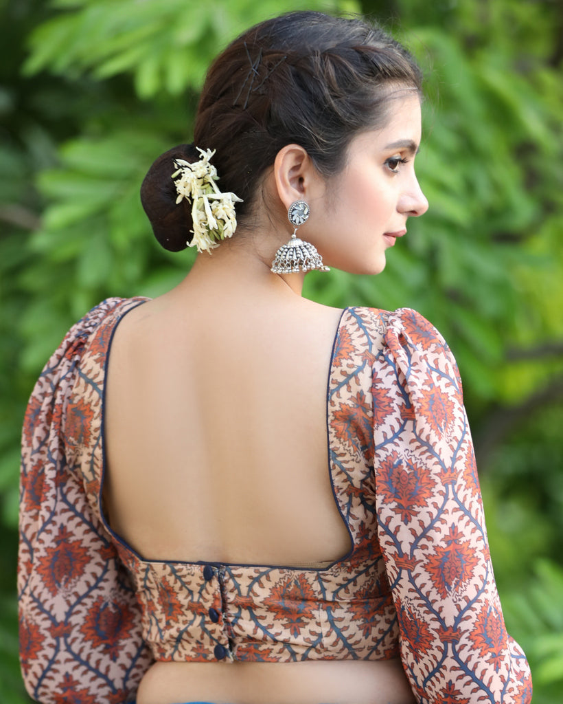 Exclusive Boroque Print Peach Puff Sleeves Blouse
