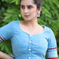 Powder Blue Cotton Blouse with Contrast Embroidery at the Back and on the Sleeves with Maroon Frill Detailing