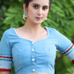 Powder Blue Cotton Blouse with Contrast Embroidery at the Back and on the Sleeves with Maroon Frill Detailing