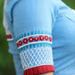 Powder Blue Cotton Blouse with Contrast Embroidery at the Back and on the Sleeves with Maroon Frill Detailing