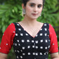 Standout Black Ikat Cotton Blouse with Red Cotton Silk Sleeves and Mirrorwork Detailing