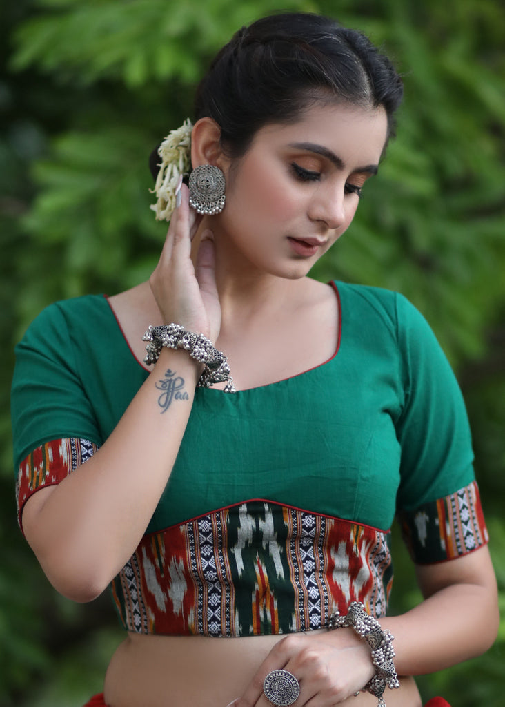 Trendy Bottle Green Cotton Blouse with Border Ikat Combination and Wooden Button Detailing at the Back