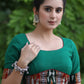 Trendy Bottle Green Cotton Blouse with Border Ikat Combination and Wooden Button Detailing at the Back