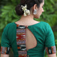 Trendy Bottle Green Cotton Blouse with Border Ikat Combination and Wooden Button Detailing at the Back