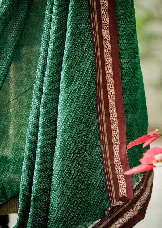 Beautiful Intricate Green Khun  Fabric with contrast border and subtle Sheen