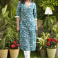 Classy Cotton Teal Floral Print Straight Cut Kurti - Pant Optional