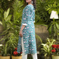 Classy Cotton Teal Floral Print Straight Cut Kurti - Pant Optional