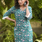 Classy Cotton Teal Floral Print Straight Cut Kurti - Pant Optional
