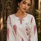 Ivory Straight Cotton Short Kurta with Pink Botanical Block Print & Contrast Scalloped Hem & Sleeve Cuffs