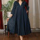 Space blue satin flared dress with glass bead floral hand embroidery