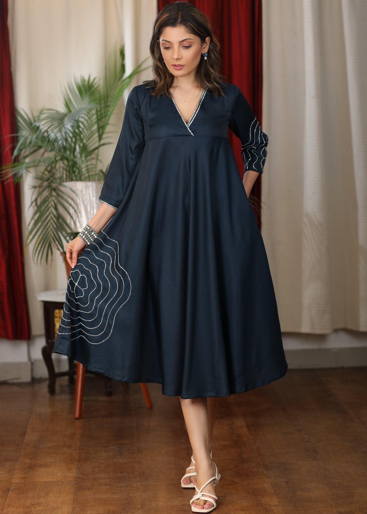 Space blue satin flared dress with glass bead floral hand embroidery