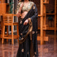 Black linen cotton saree with hand embroidered zardosi buta
