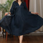 Space blue satin flared dress with glass bead floral hand embroidery