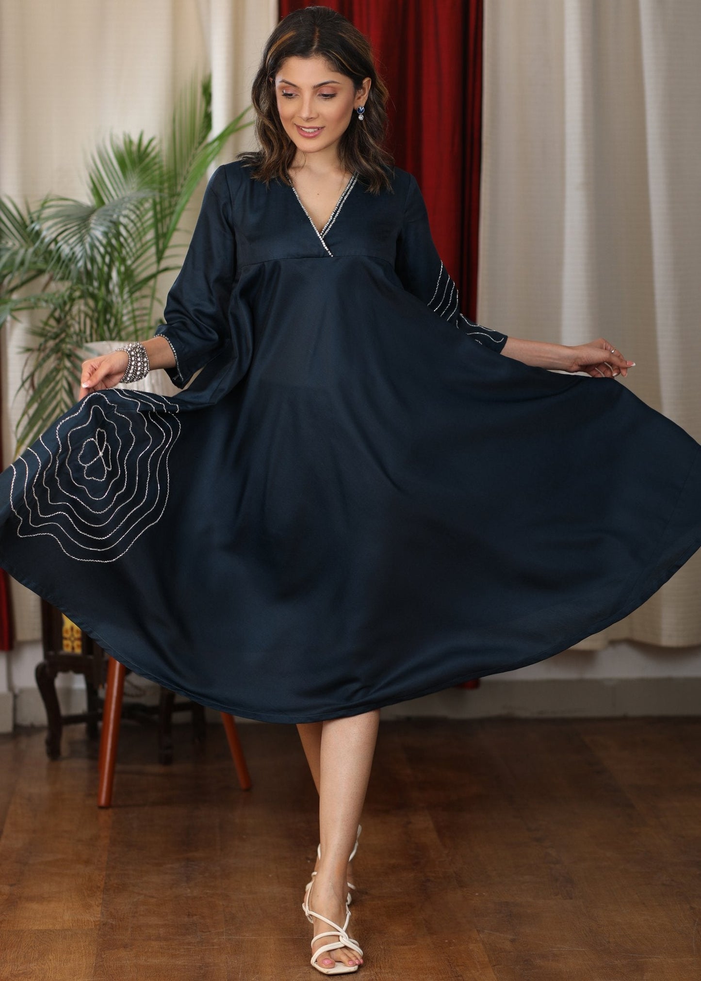 Space blue satin flared dress with glass bead floral hand embroidery