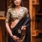 Black linen cotton saree with hand embroidered zardosi buta