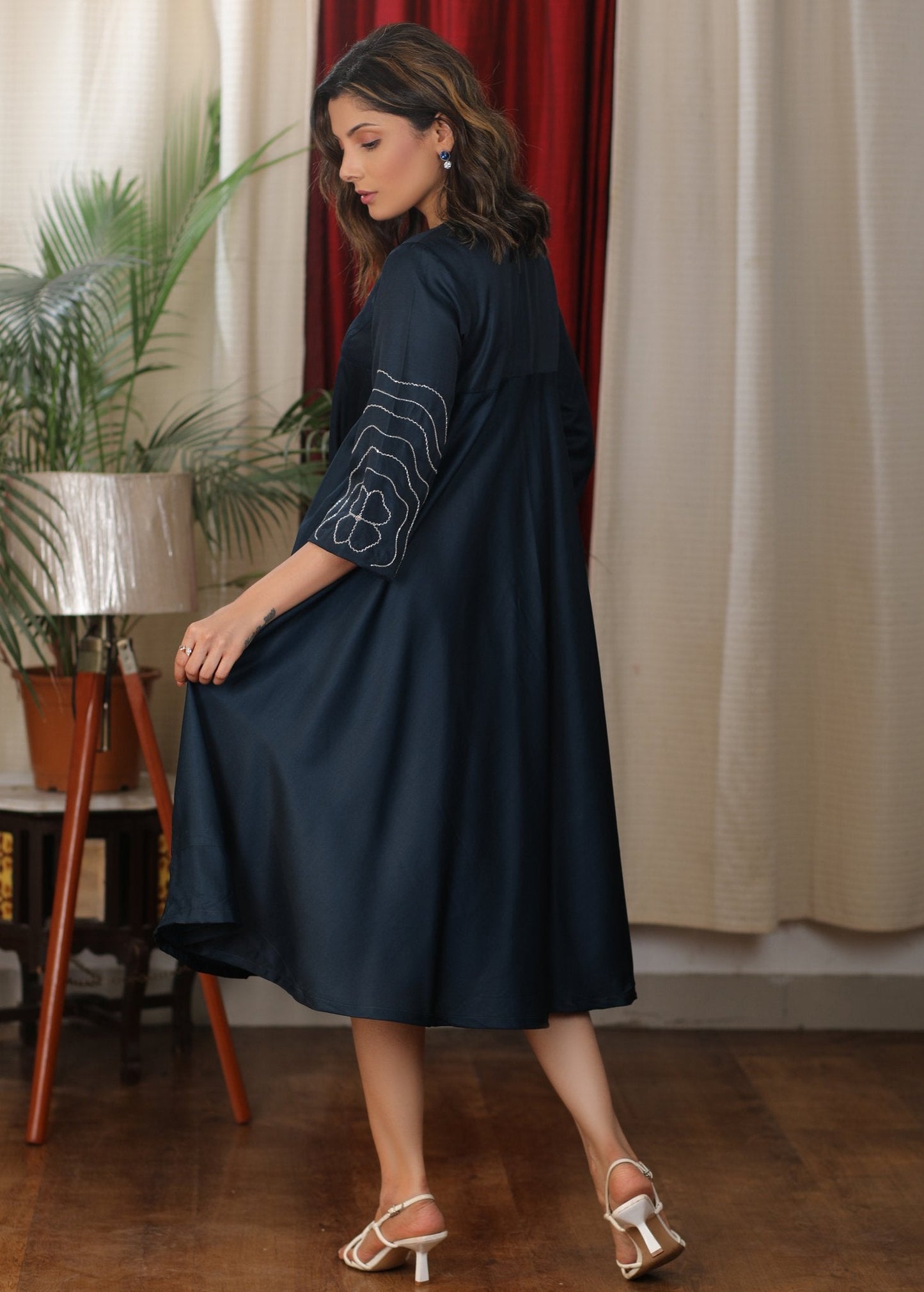 Space blue satin flared dress with glass bead floral hand embroidery
