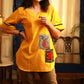 Gond tribal art hand-painted Multi-patchwork pure cotton top In beautiful mustard colour