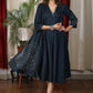 Space blue satin flared dress with glass bead floral hand embroidery