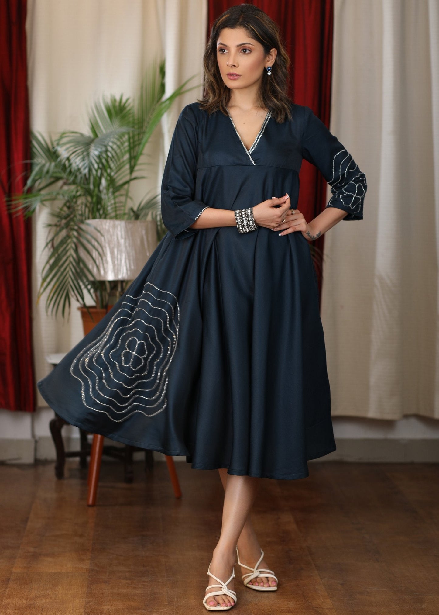Space blue satin flared dress with glass bead floral hand embroidery