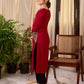 Deep Maroon Cotton Kurta with Asymmetric Kalamkari Print Yoke and Cuff Detail