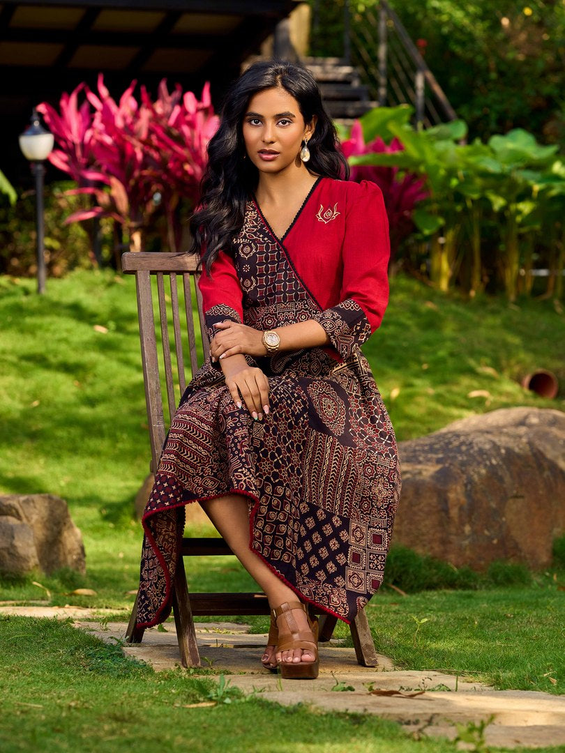 Indie Charm Maroon & Black Ajrakh Patchwork Print Dress